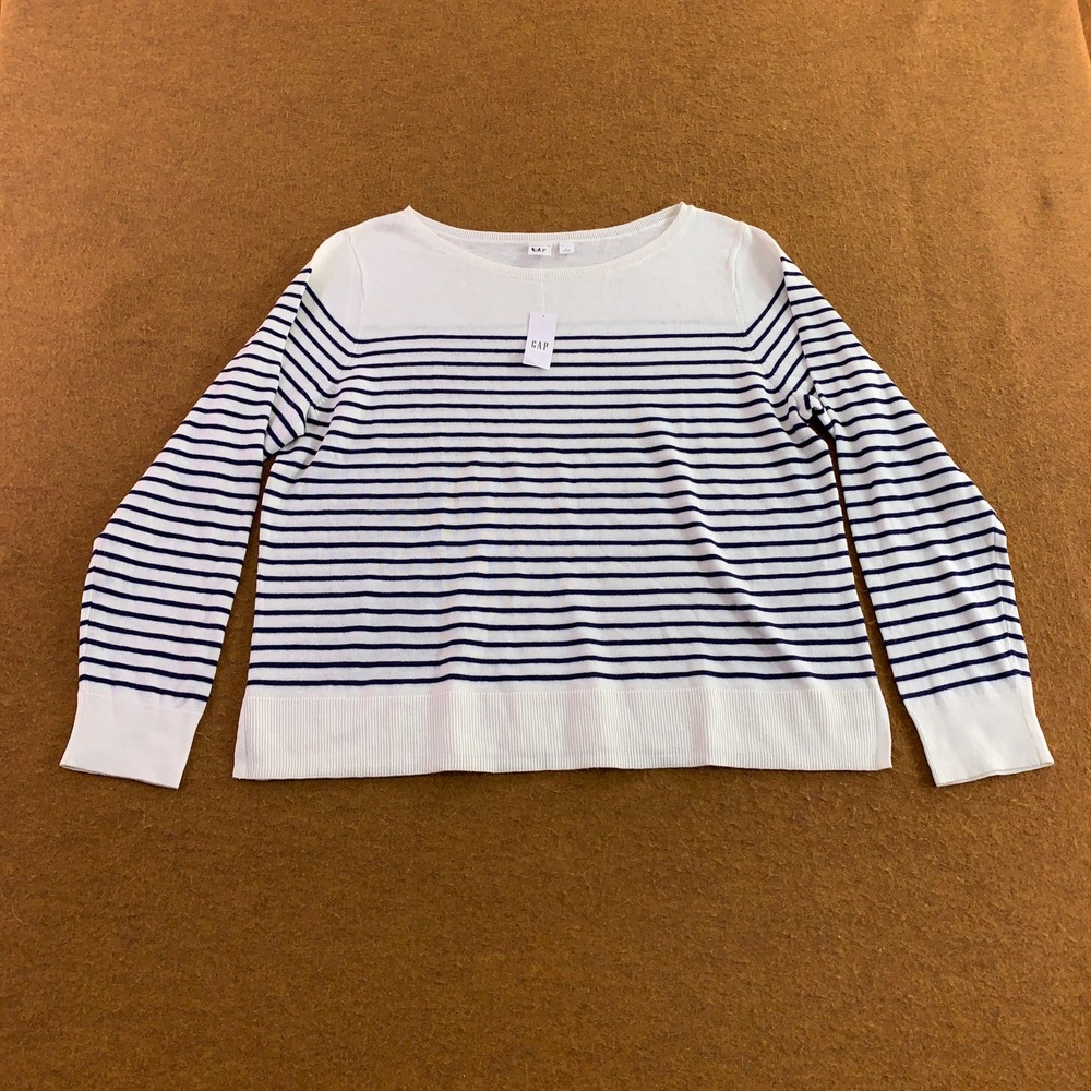 Gap Womens Large White Navy Blue Striped Boat Neck Long Sleeve Knit Sweater NWT